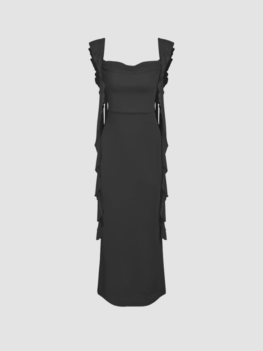 Cider Mesh Ruffle Maxi Dress in Black